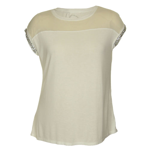 INC White Short Rhinestone Embellished Slv Sheer Yoke Knit Top