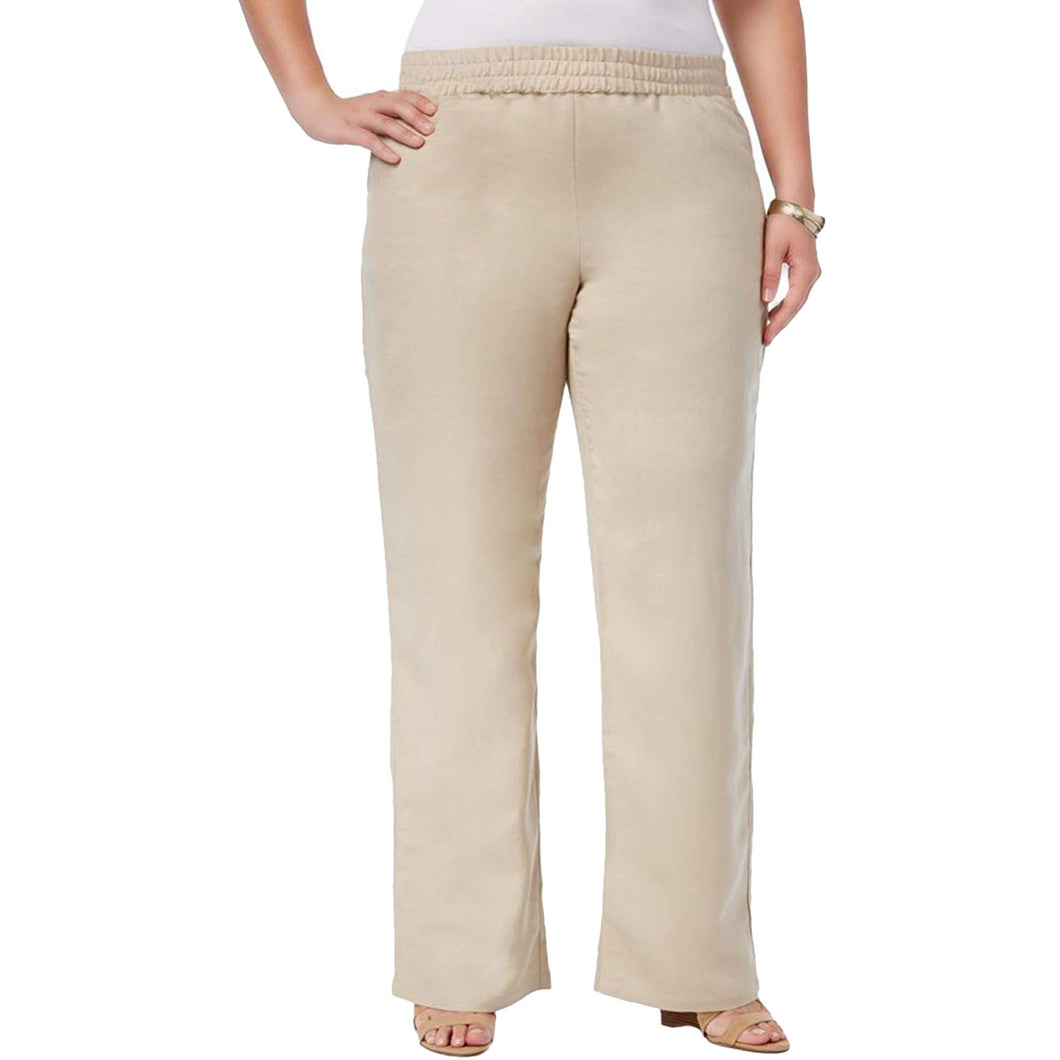 JM Collection Beige Pull on Linen Blend Pants Plus Size
