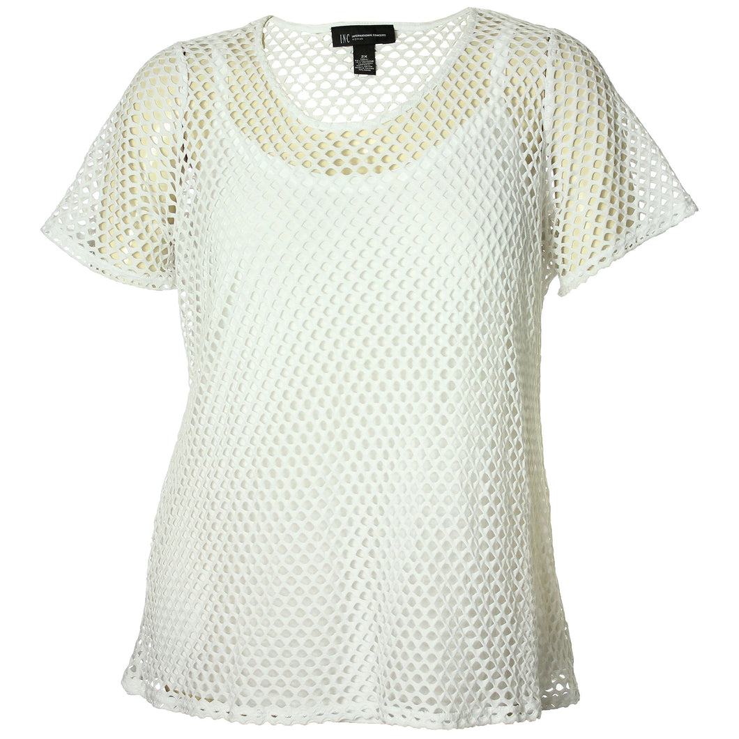 INC White Short Sleeve Mesh Shirt & Camisole