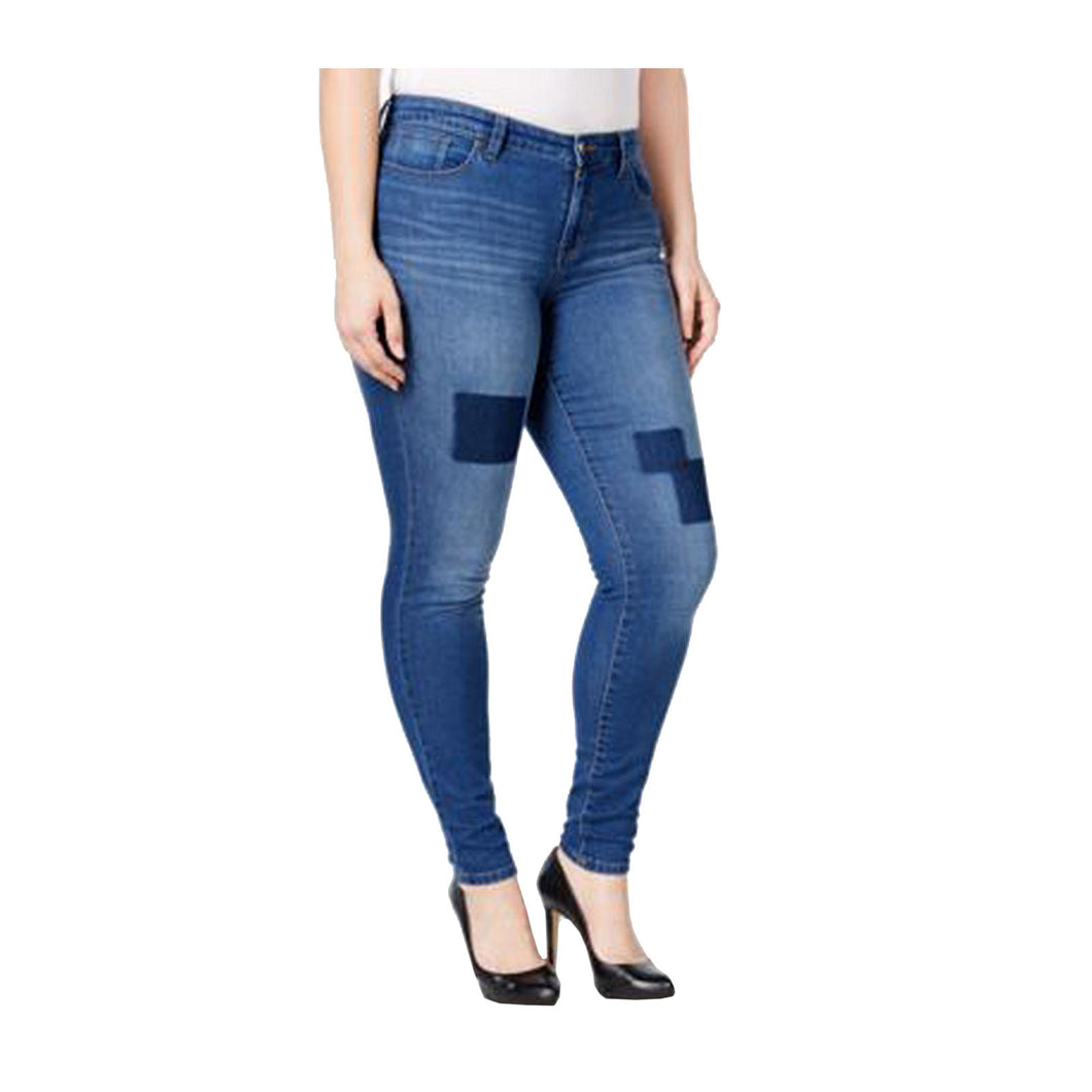 Style & Co Blue Stretch Denim Mid-Rise Slim Leg Patch Jeans Plus Size
