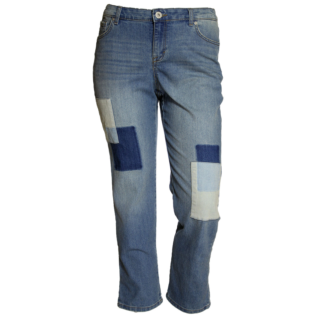 Style & Co Blue Patchwork Mid-Rise Boyfriend Cropped Denim Jeans