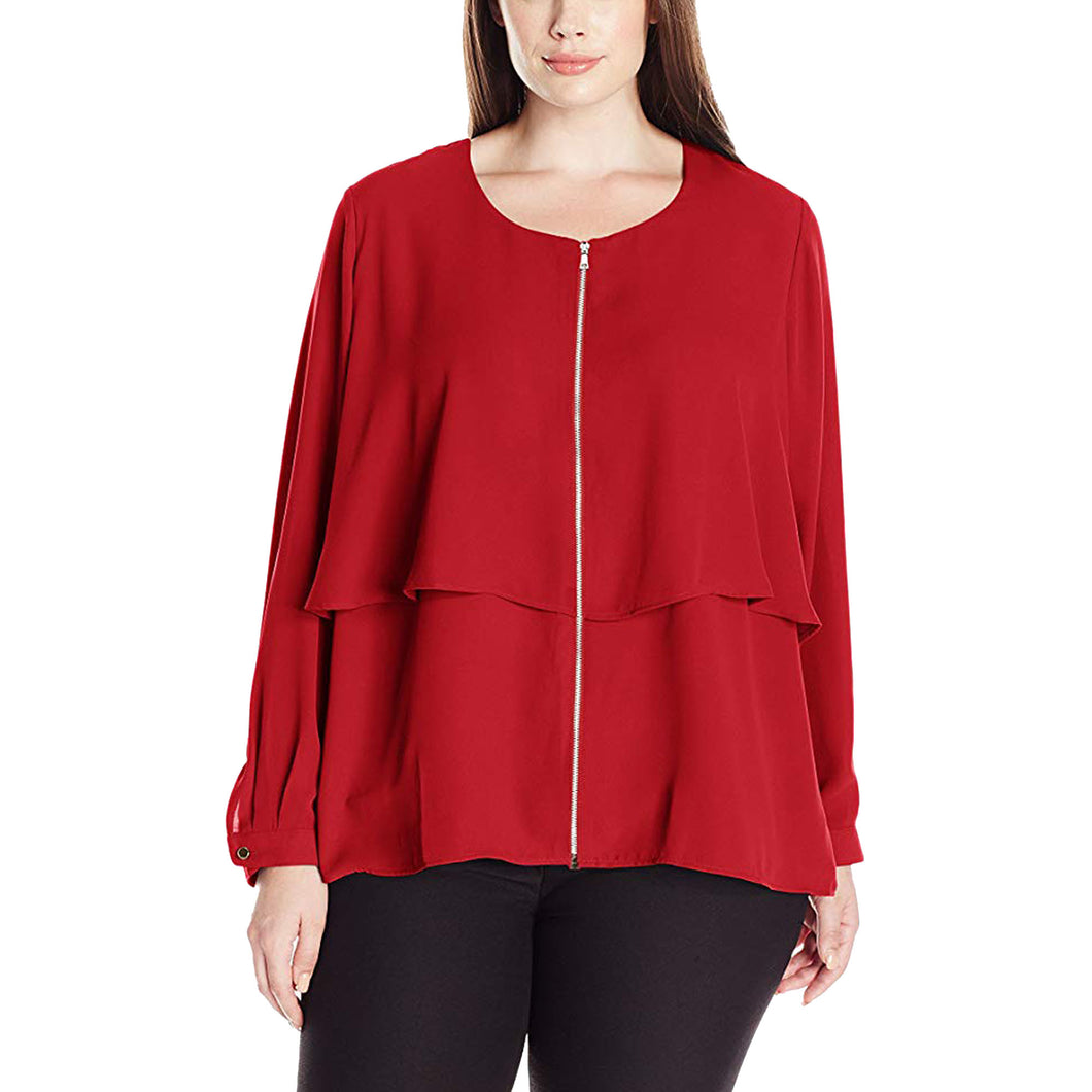 NY Collection Red Long Sleeve Zip Front Layered High-Low Blouse Plus Size