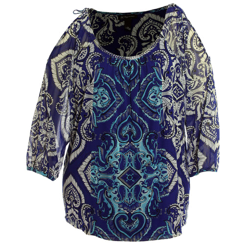 INC Multi Color Print Cold Shoulder Beaded Blouse