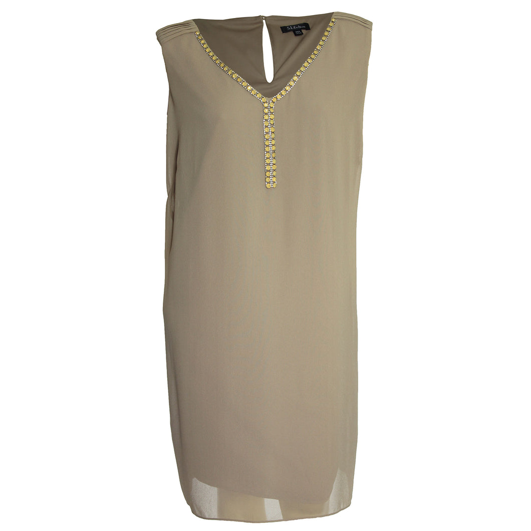 SL Fashions Beige Sleeveless Embellished Shift Dress