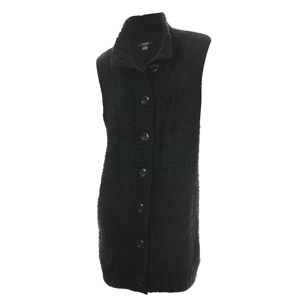 Alfani Black Fuzzy Knit Button Front Sweater Vest