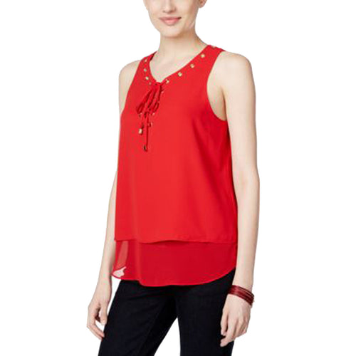 INC Red Sleeveless Lace-Up Double Layer Tank Top Blouse