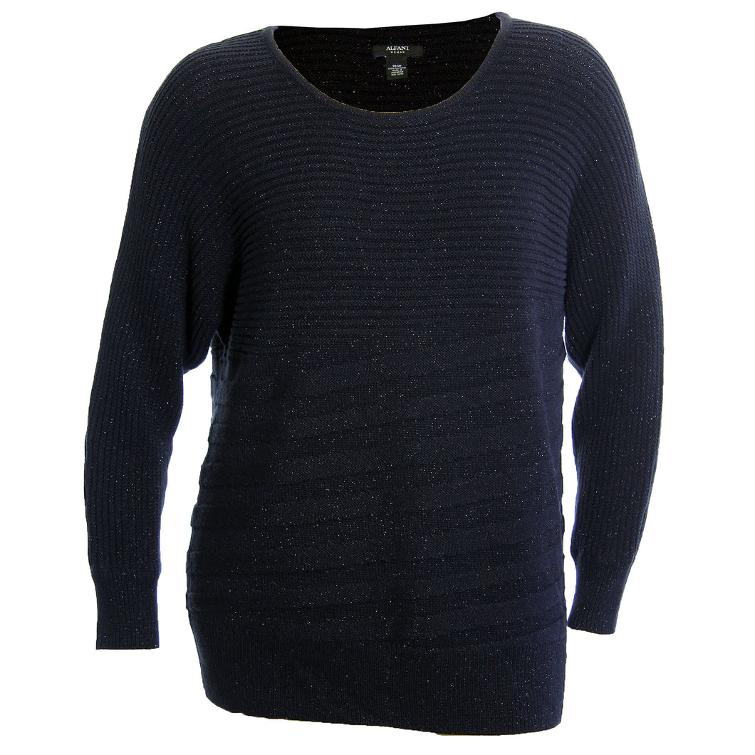 Alfani Black Shimmer Long Sleeve Scoop Neck Ribbed Pull Over Sweater