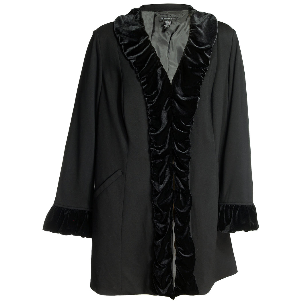 INC Black Long Sleeve Velvet Ruffle Trim Jacket