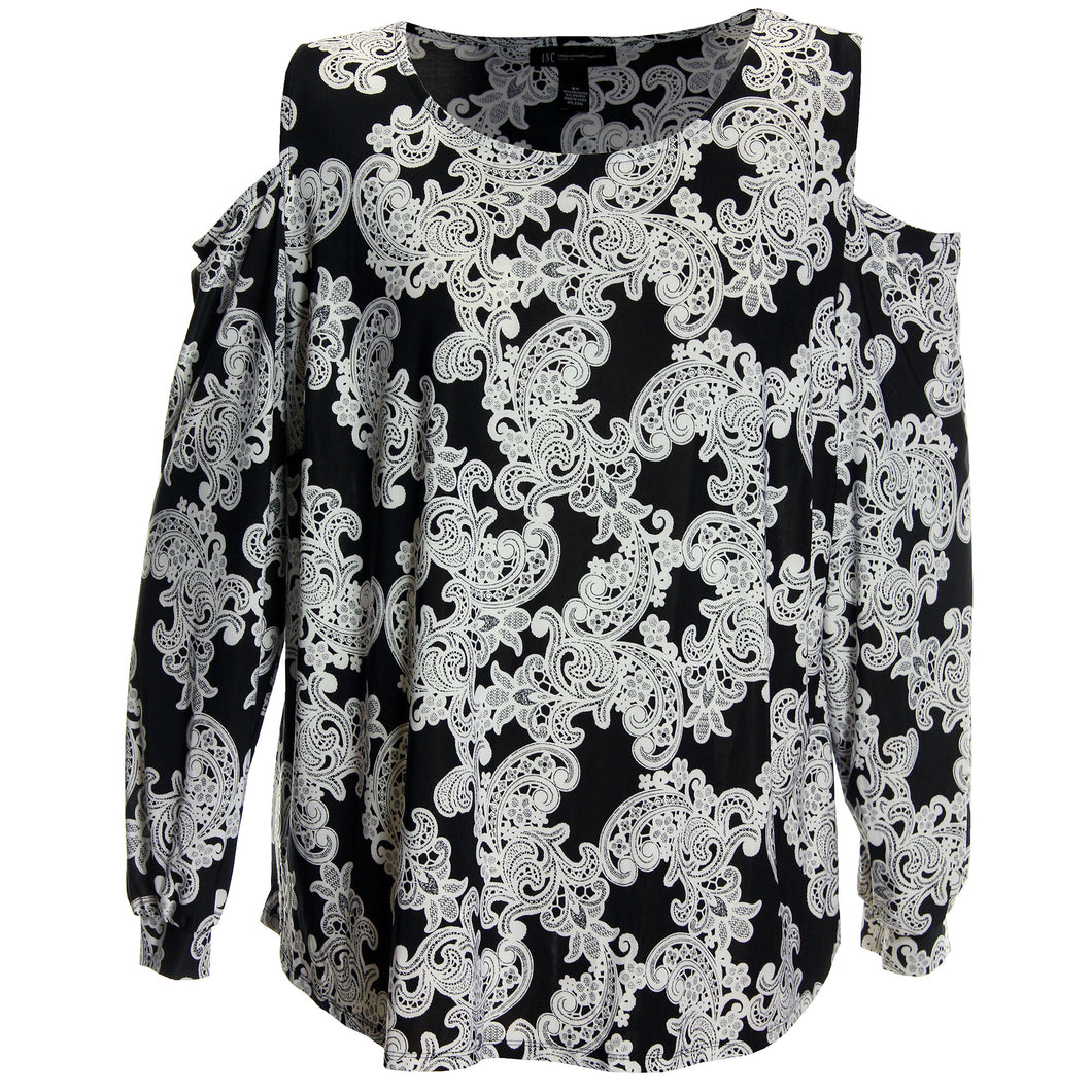 INC Black/White Print Long Sleeve Cold Shoulder Top