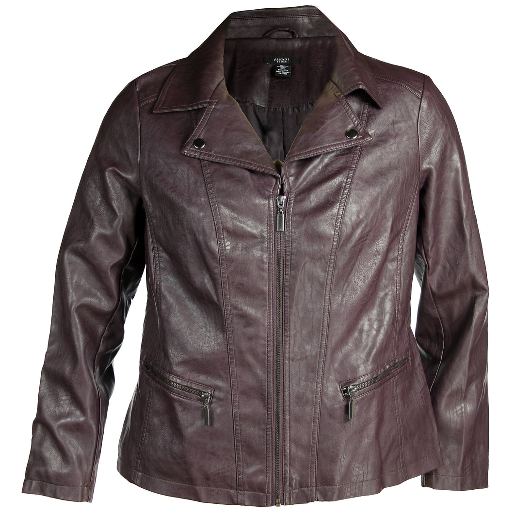 Alfani Brown Long Sleeve Faux Leather Moto Jacket Plus Size