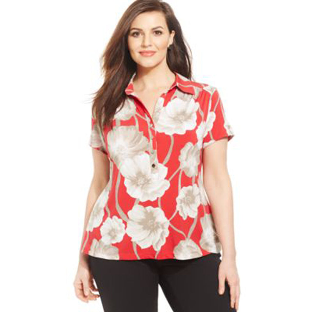 Alfani Red Floral Short Sleeve Button Front Shirt Plus Size