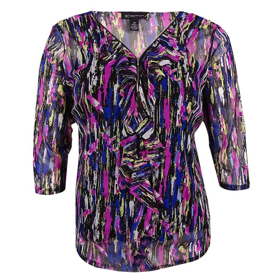 INC Multi Color Abstract Print 3/4 Sleeve Ruffle / Zip Front Blouse & Camisole