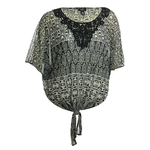 Alfani Multi Color Print Short Sleeve Tie Front Crochet Blouse