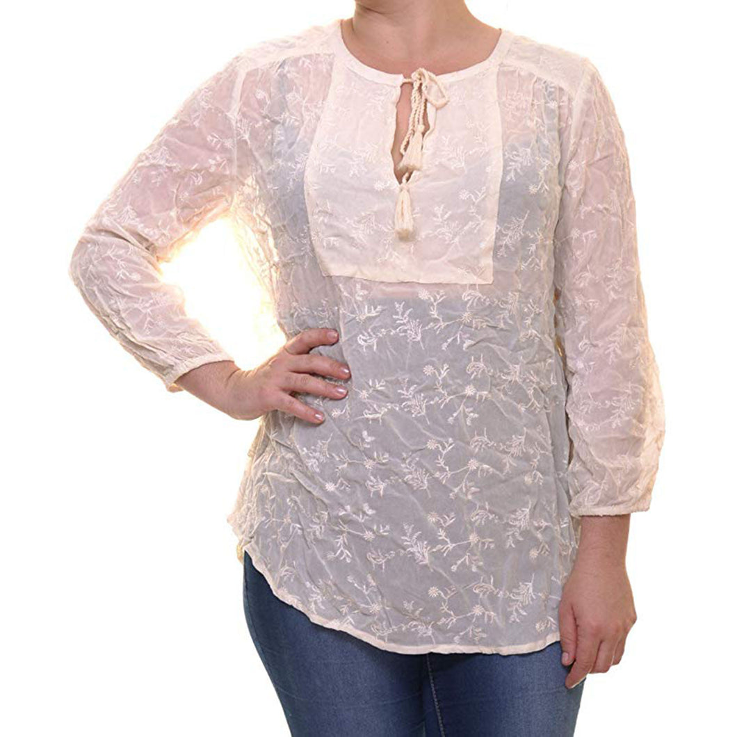 Lucky Brand Ivory Long Sleeve Embroidered Blouse