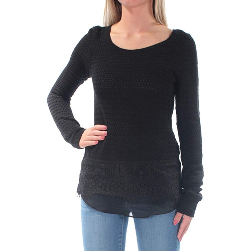 Lucky Brand Black Long Sleeve Mixed Media Pullover Sweater