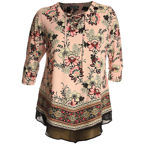 JM Collection Multi Color Floral 3/4 Sleeve Chiffon Hem Lace-Up Top