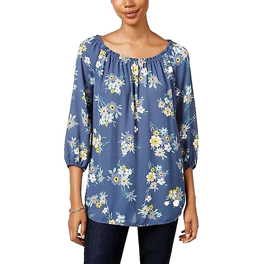 Style & Co Blue Floral Print 3/4 Sleeve Blouse