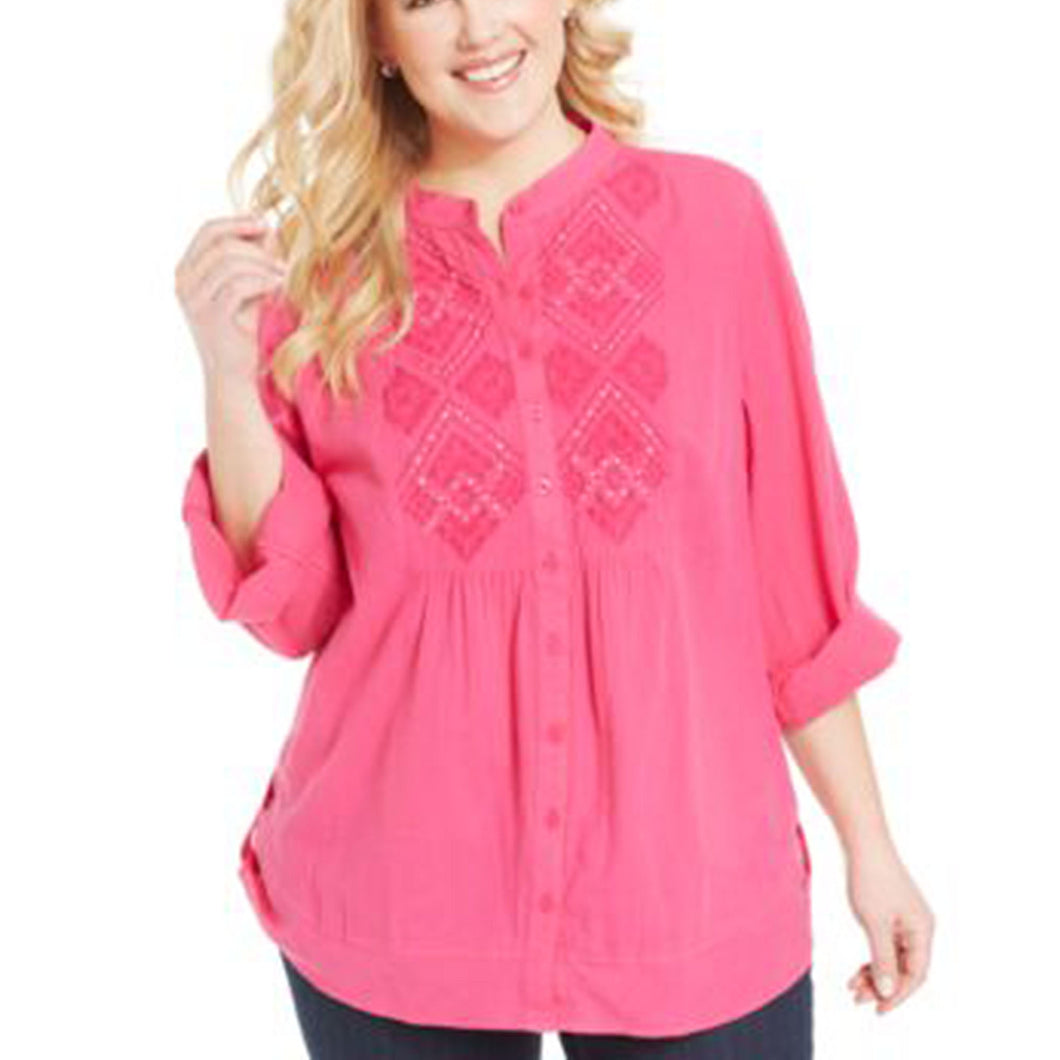 Style & Co Pink Roll-Tab Sleeve Embroidered Button Down Blouse Plus SIze