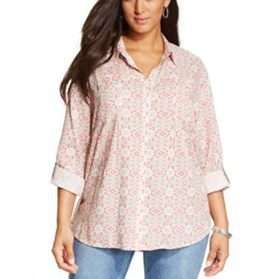 Style & Co Multi Color Dual Print Long Sleeve Button Down Shirt Plus Size