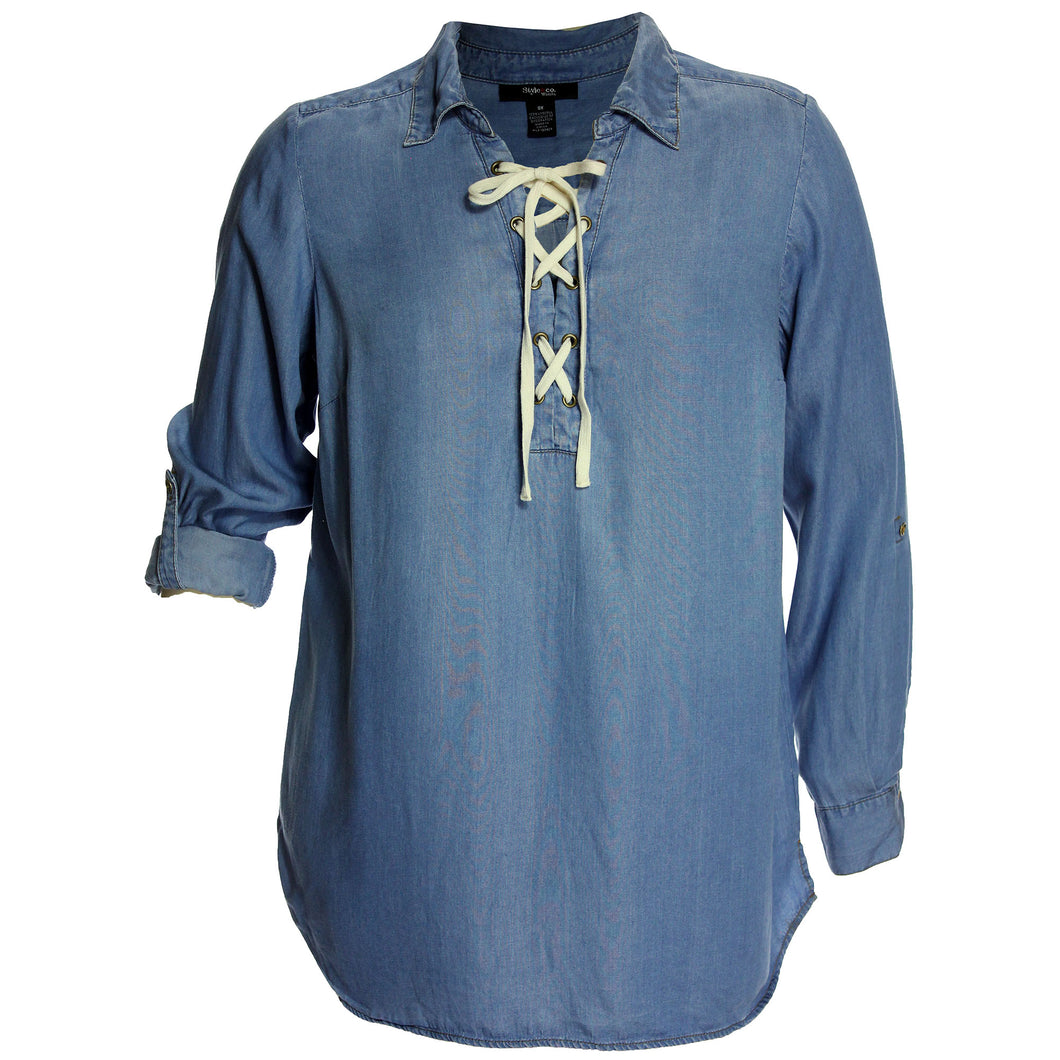 Style & Co Chambray Blue Convertible Sleeve Lace Up Top