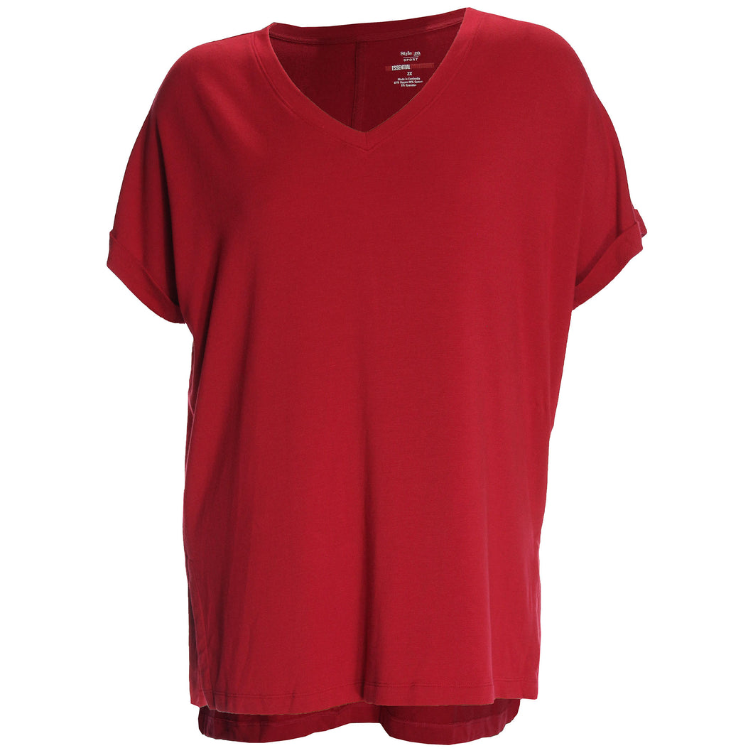 Style & Co Red Short Sleeve V-Neck High-Low Hemline Top