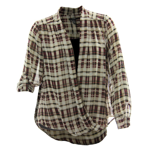 Alfani Multi Color Plaid Print Long Sleeve Cross Front Blouse & Camisole