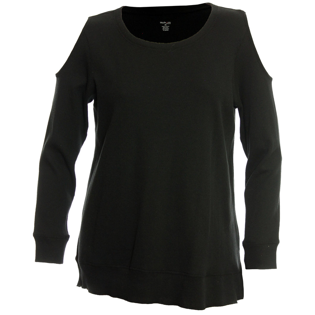 Style & Co. Black Long Sleeve Cold Shoulder Thermal Knit Top