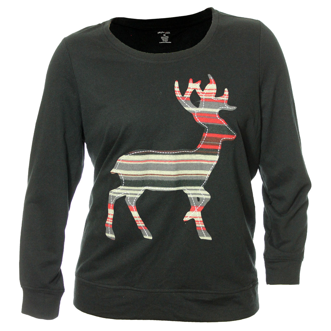 Style & Co Black Long Sleeve Reindeer Applique Shirt Tee