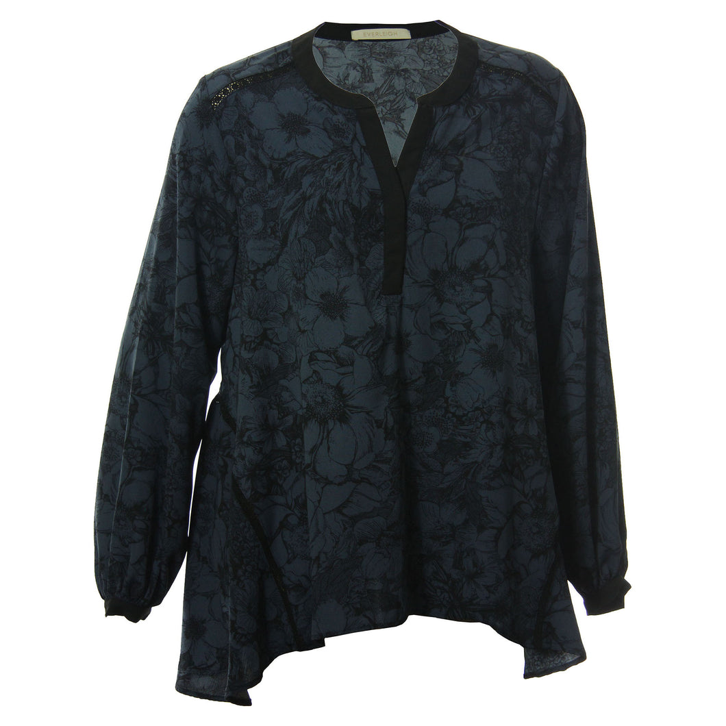 Everleigh Blue & Black Print Long Sleeve Lace Inset Blouse