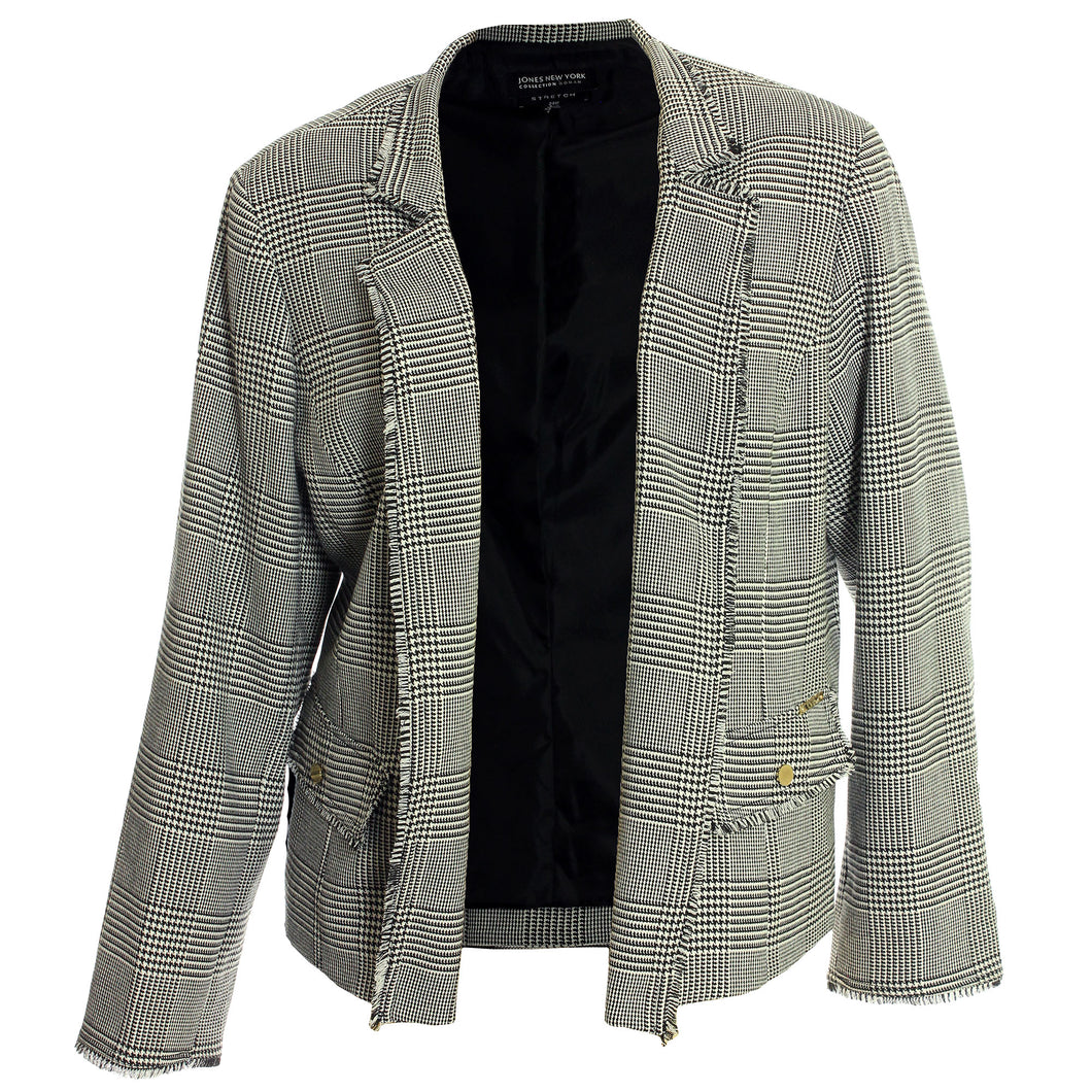 Jones New York Black & White Long Sleeve Fringe Trim Blazer Jacket