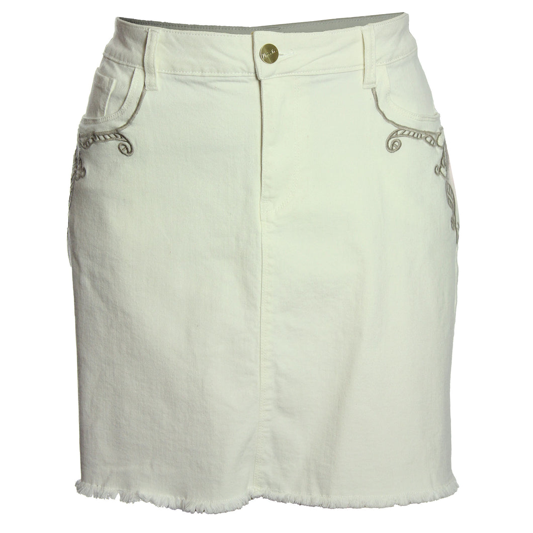 Nanette Lepore White Denim Embroidered A-Line Jean Skirt