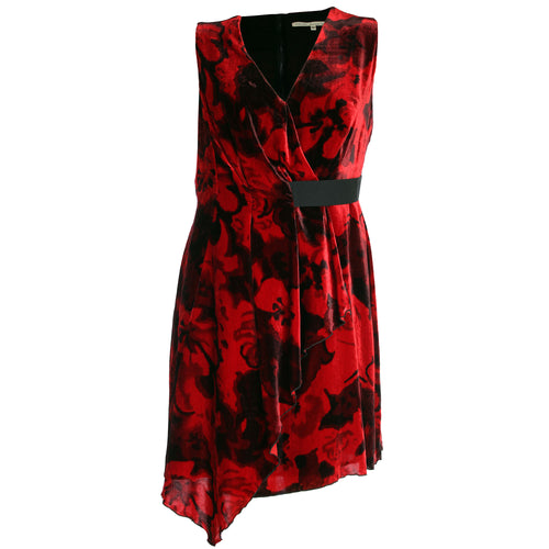 Rachel Roy Red / Black Print Sleeveless Drape Velvet Asymmetric Dress