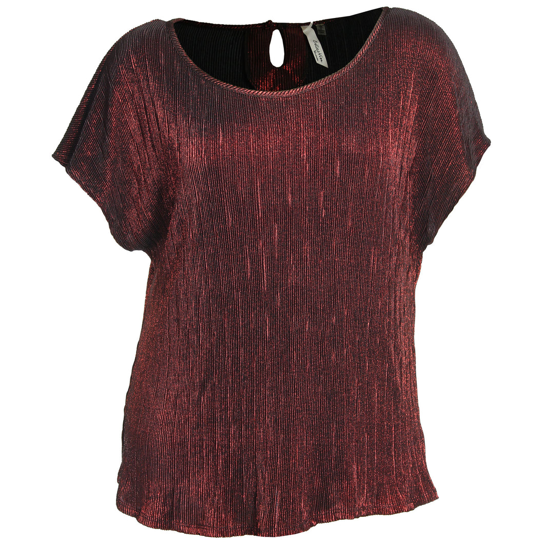 NY Collection Red Metallic Shimmer Short Sleeve Accordion Pleat Shirt