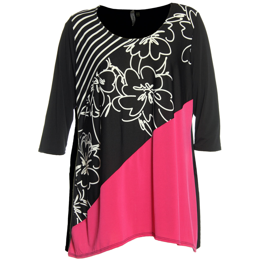 NY Collection Multi Color Print 3/4 Sleeve Kerchief Hem Shirt Plus Size