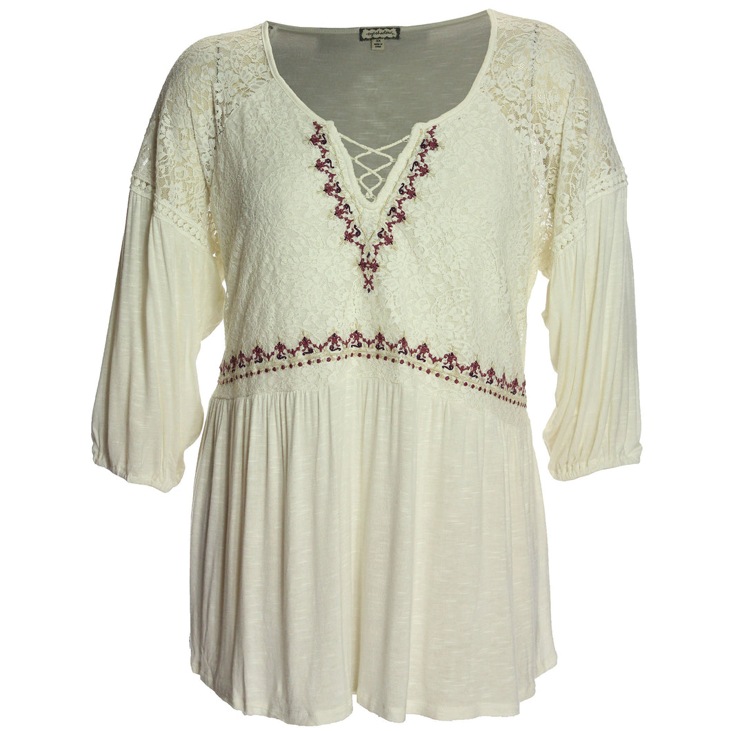 Eyeshadow White Long Sleeve Embroidered Lace Shirt
