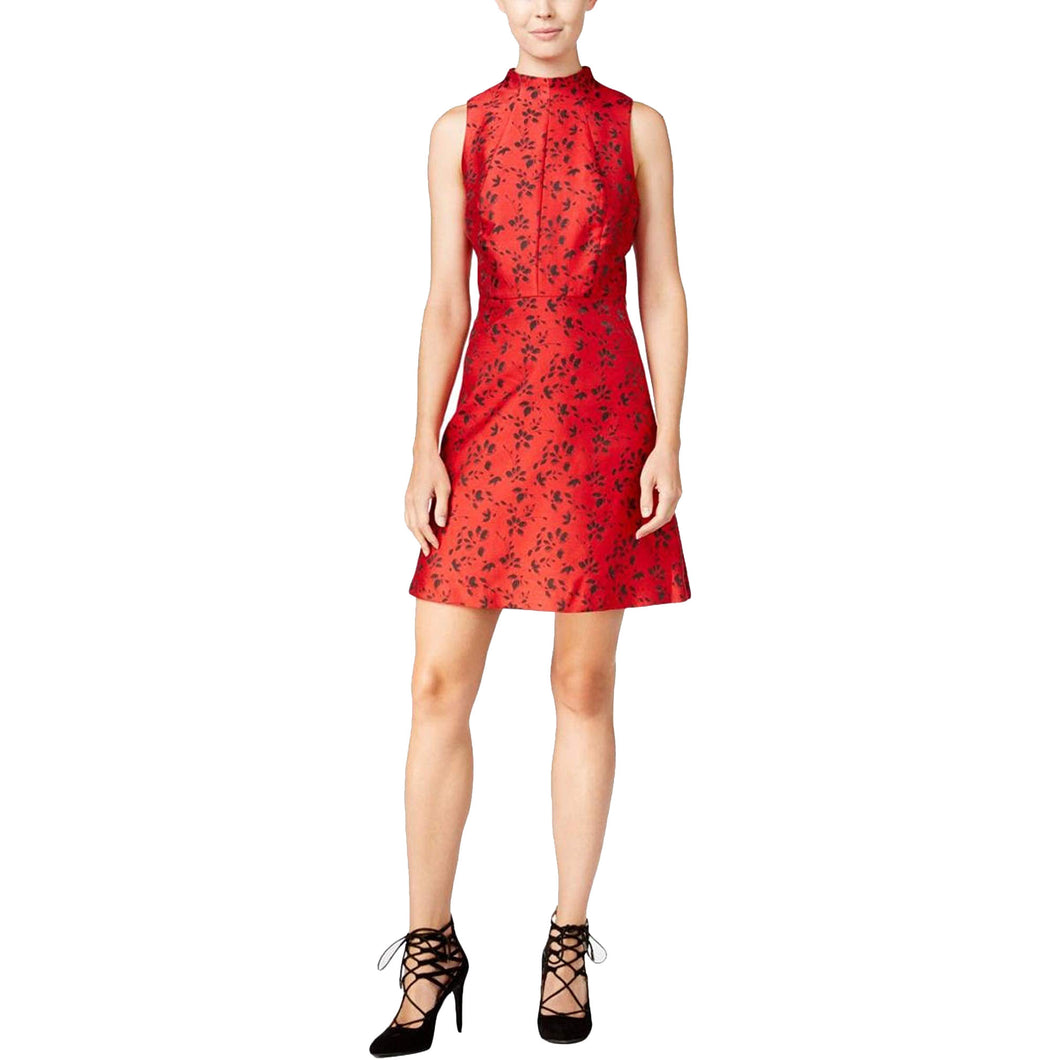 Kensie Red & Black Floral Print Sleeveless Brocade Dress