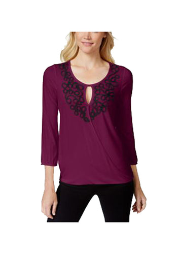 Cable & Gauge Purple 3/4 Sleeve Soutache Trim Surplice Top