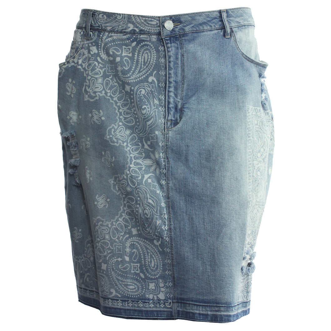 Nanette Lepore Blue Denim Printed Distressed Jean Skirt