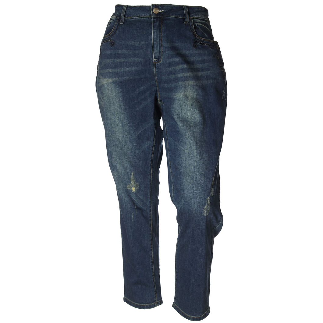 Nanette Lepore Blue Denim Embroidered Distressed Boyfriend Jeans Plus Size