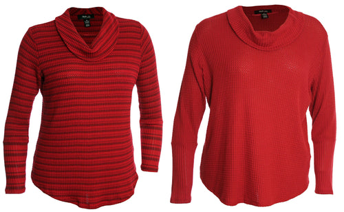 Style & Co Red Solid or Striped Long Sleeve Waffle Knit Cowl Neck Shirt