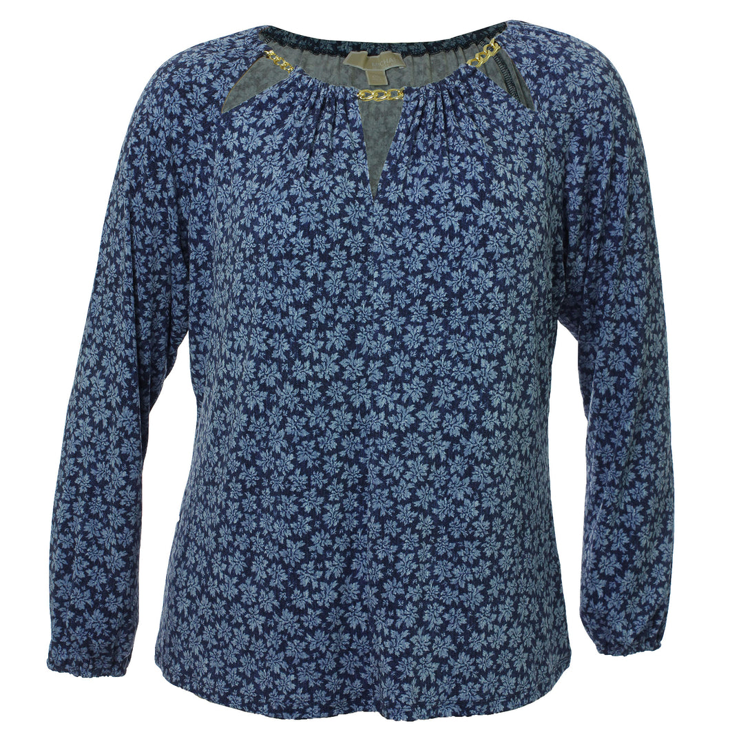 Michael Kors Blue Floral Long Sleeve Chain Trim Cutout Shirt