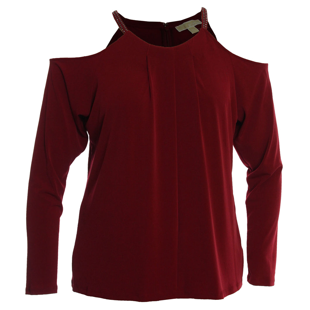 Michael Kors Dark Red Long Sleeve Embellished Cold Shoulder Knit Top