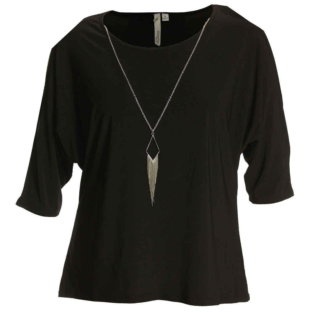 NY Collection Black 3/4 Sleeve Cold Shoulder Necklace Shirt
