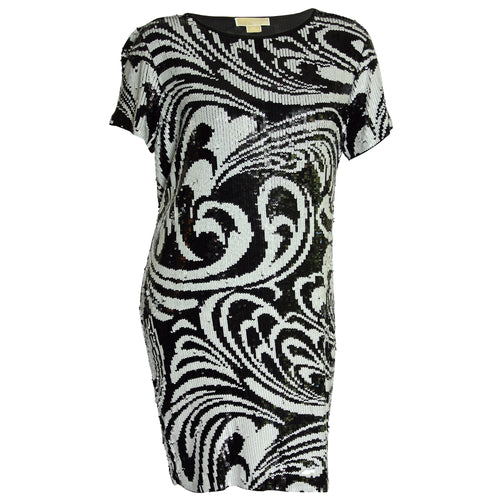 Michael Kors Black & White Short Sleeve Paisley Sequins Dress