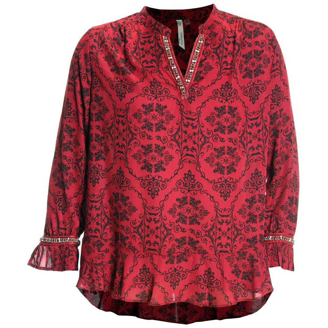 NY Collection Red & Black Print Long Sleeve Embellished Blouse Plus Size