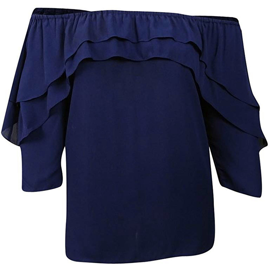 NY Collection Blue 3/4 Sleeve Off-the-Shoulder Ruffled Blouse Plus Size