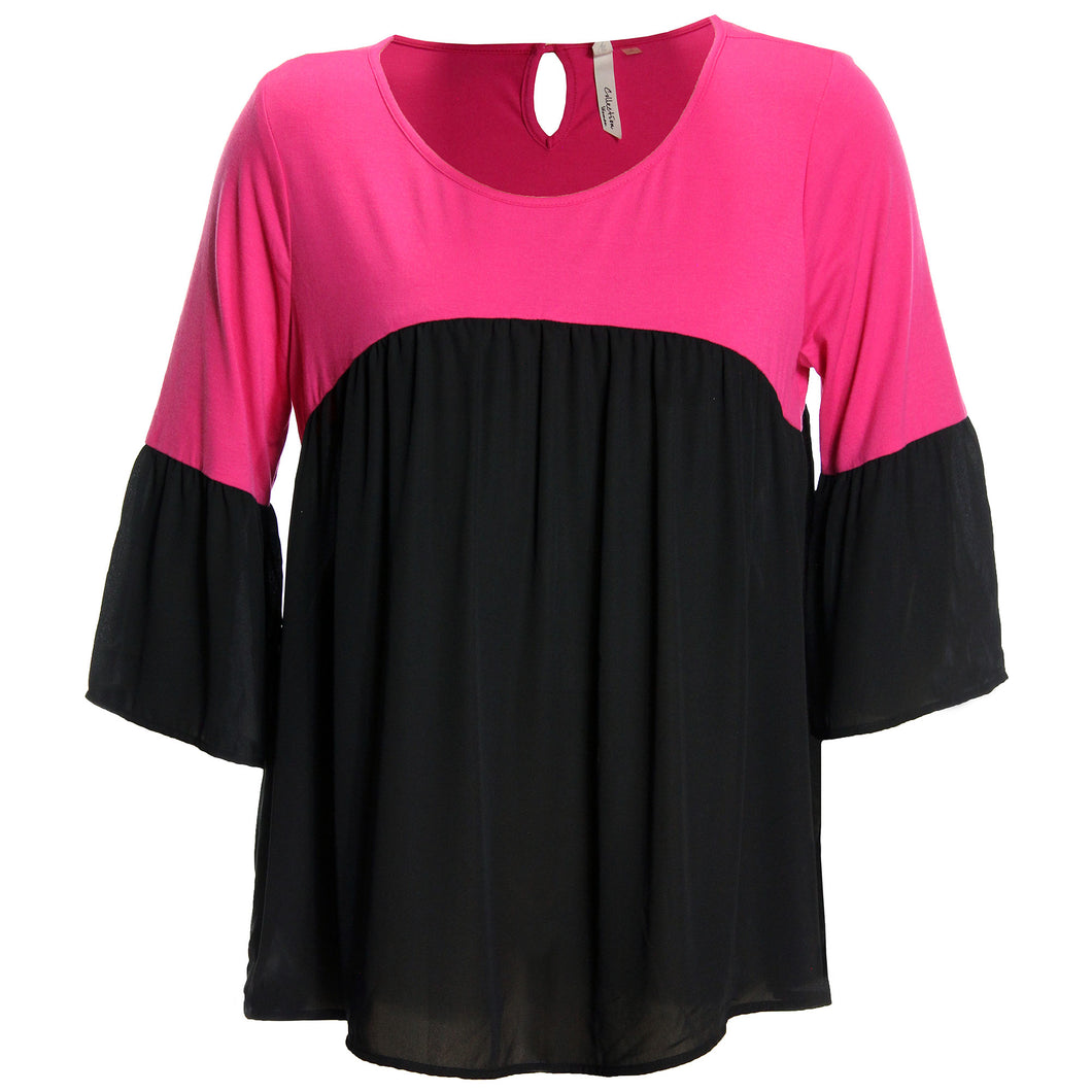 NY Collection Pink/Black Color Block 3/4 Bell Sleeve Blouse