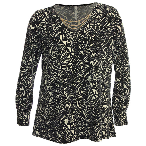 NY Collection Multi Color Print Long Sleeve Chain Trim Knit Top