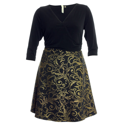 NY Collection Black/Gold Brocade 3/4 Sleeve Dress